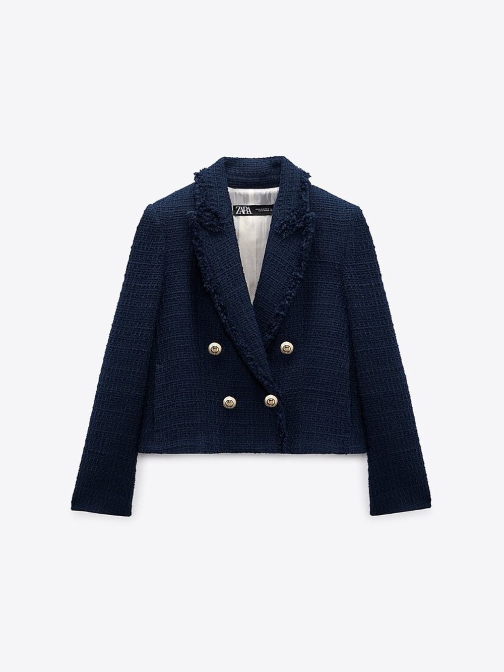Zara Dark Navy Textured Double-Breasted Cropped Blazer with Gold Buttons